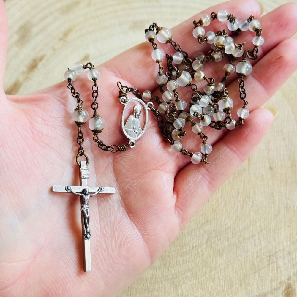 VTG‎ Rosary cross necklace rare glass beads bronze wired Beaded rare 26"L
